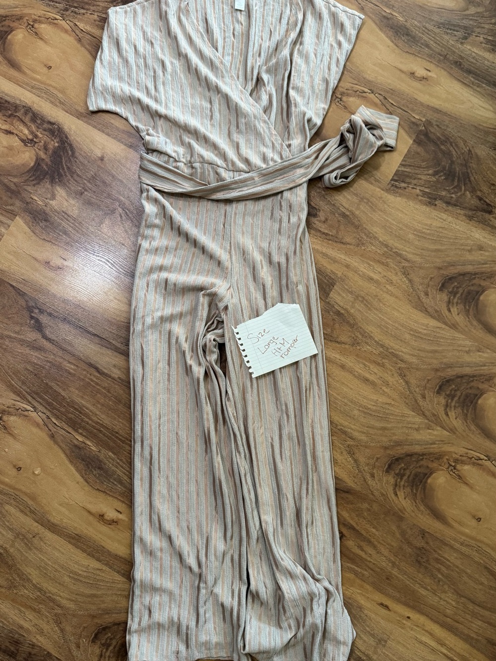 Women’s H&M V-Neck Maxi Jumpsuit in Beige with Gold Stripes Belt at Waist